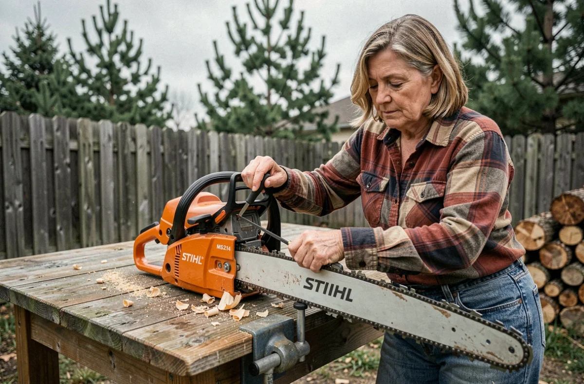 Femme affûtant la chaîne de coupe d'une tronçonneuse STIHL MS 211 fixée dans un étau en extérieur