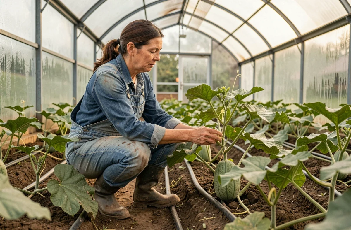 Agricultrice inspectant un plant de melon sous serre en polycarbonate avec irrigation goutte-à-goutte