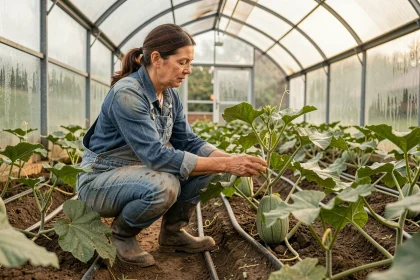 Agricultrice inspectant un plant de melon sous serre en polycarbonate avec irrigation goutte-à-goutte
