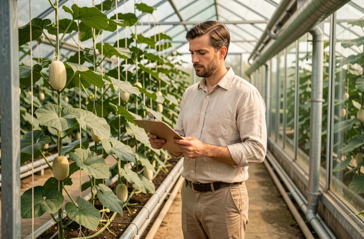 Agronome analysant la croissance de plants de melon sur treillage vertical dans une grande serre vitrée