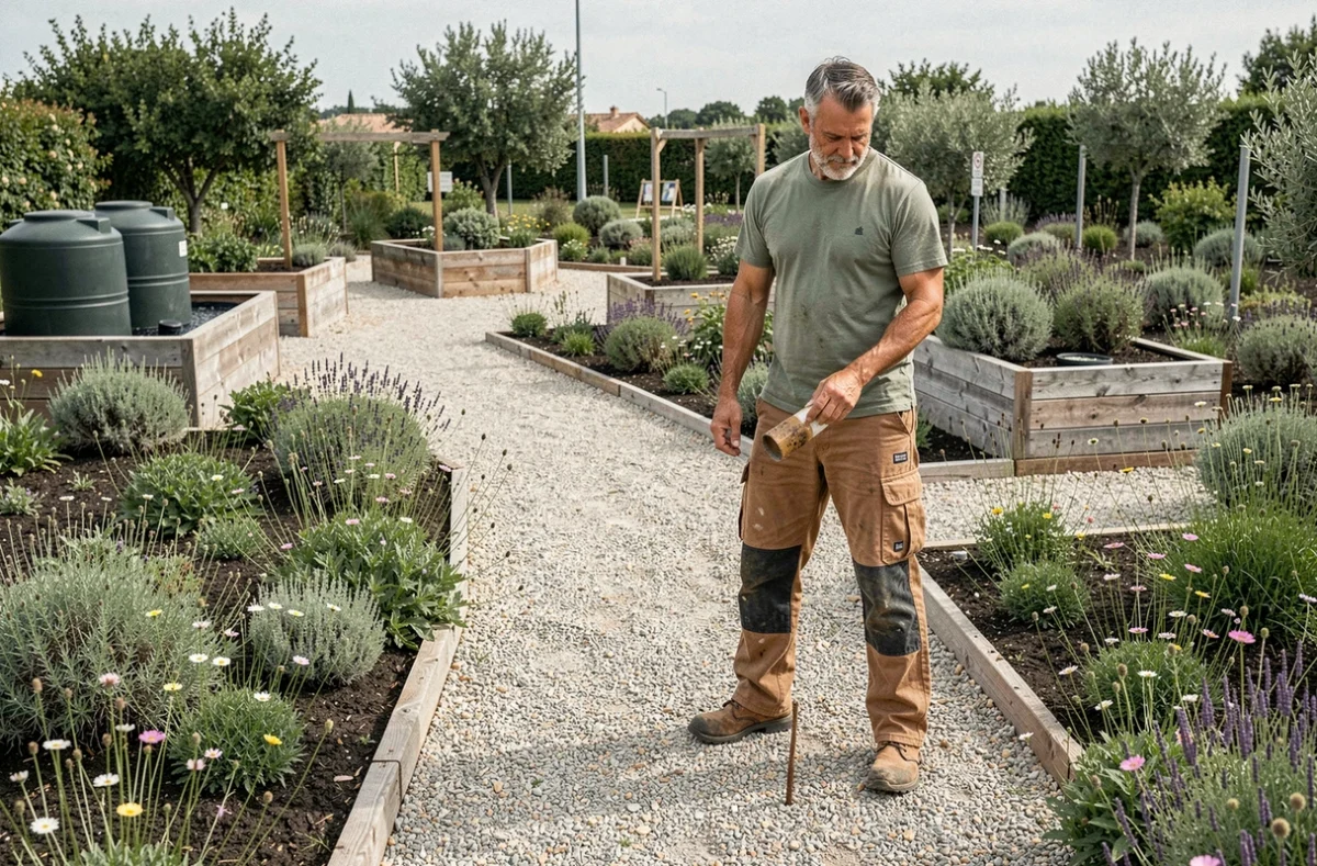 Paysagiste Alternatives Paysages installant un chemin en gravier perméable dans un jardin durable à Fabrègues