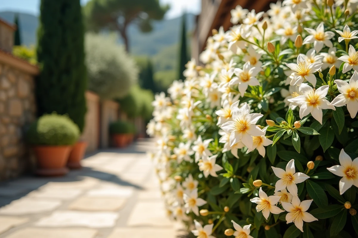 Arbuste à fleurs blanches en pleine floraison sur une terrasse en pierre au printemps, entouré de pots en terre cuite