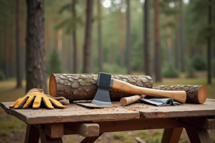 Atelier extérieur avec outils en bois et troncs de bois