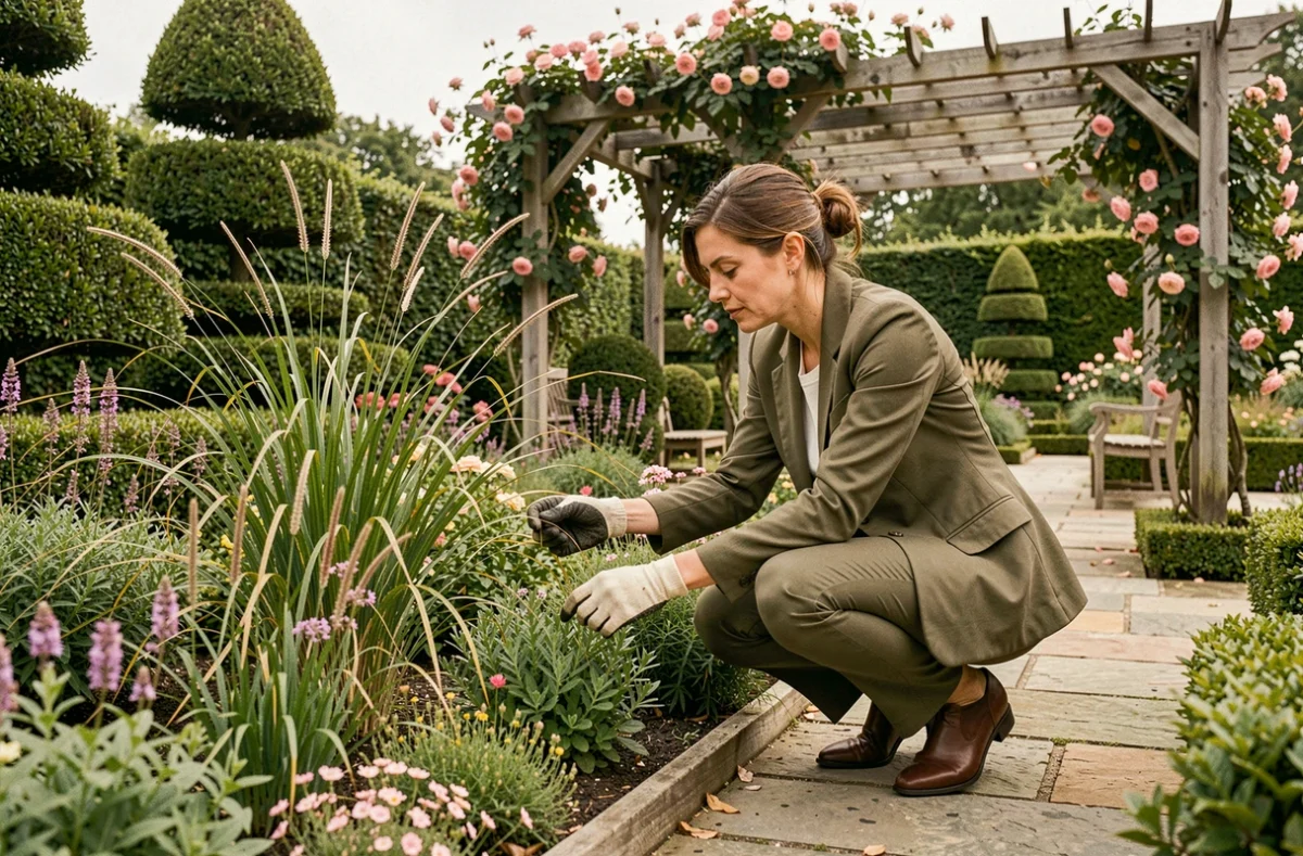 Paysagiste femme de l'atelier Anne Cabrol travaillant dans un jardin privé raffiné avec plantations ornementales