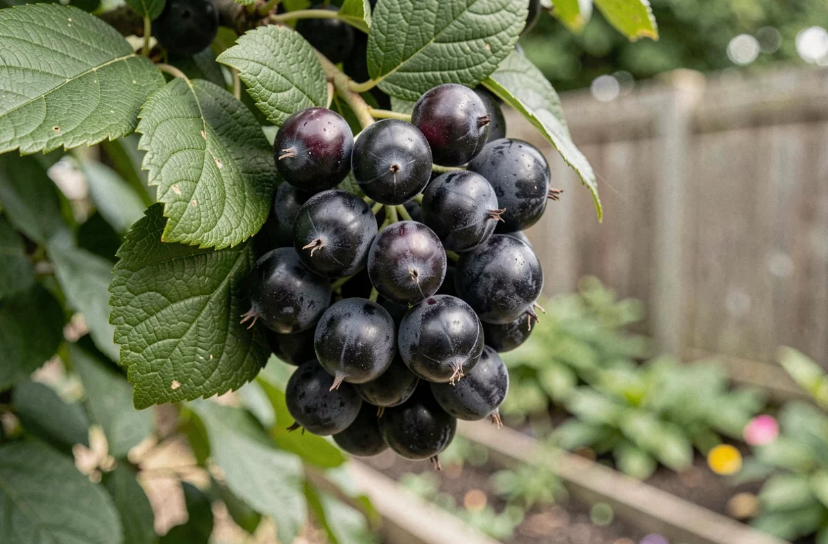 Grappes de baies de Jostaberry mûres et brillantes sur un arbuste de jardin en été