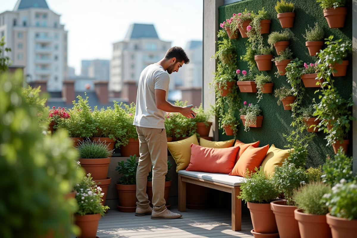 Jeune homme arrangeant coussins sur balcon vert