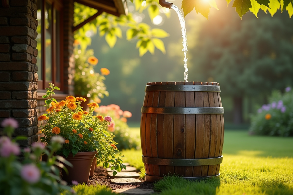 Baril en bois rustique dans un jardin ensoleille avec fleurs
