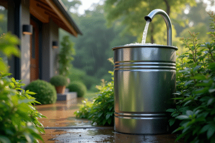 Baril d'eau en inox moderne à côté d'une maison avec plantes