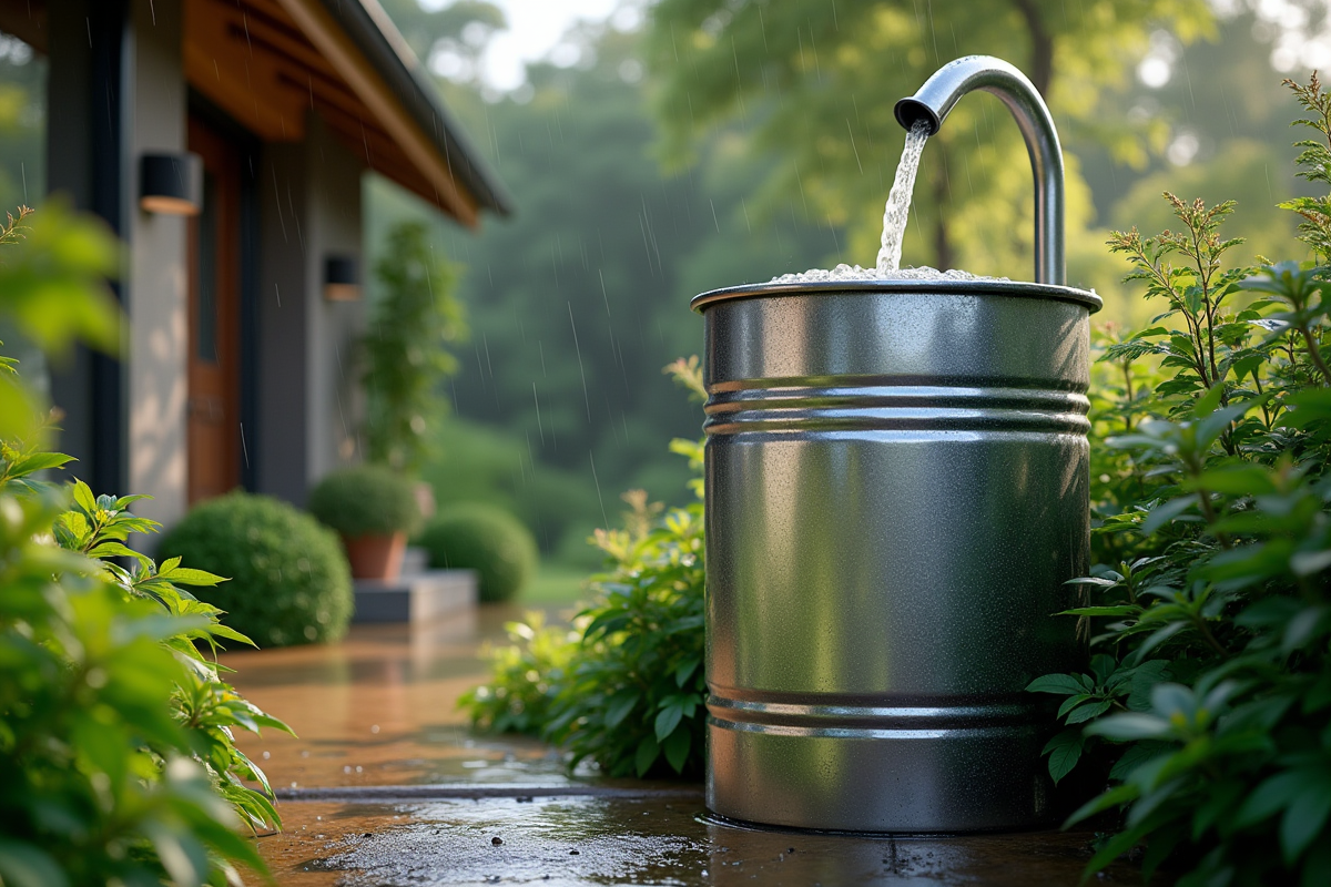 Baril d'eau en inox moderne à côté d'une maison avec plantes