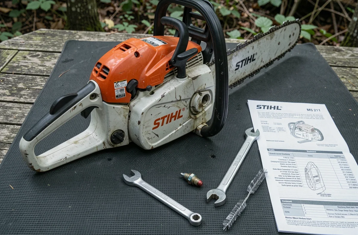 Vue détaillée de la bougie et des outils de réglage d'une tronçonneuse STIHL MS 211 posée à plat