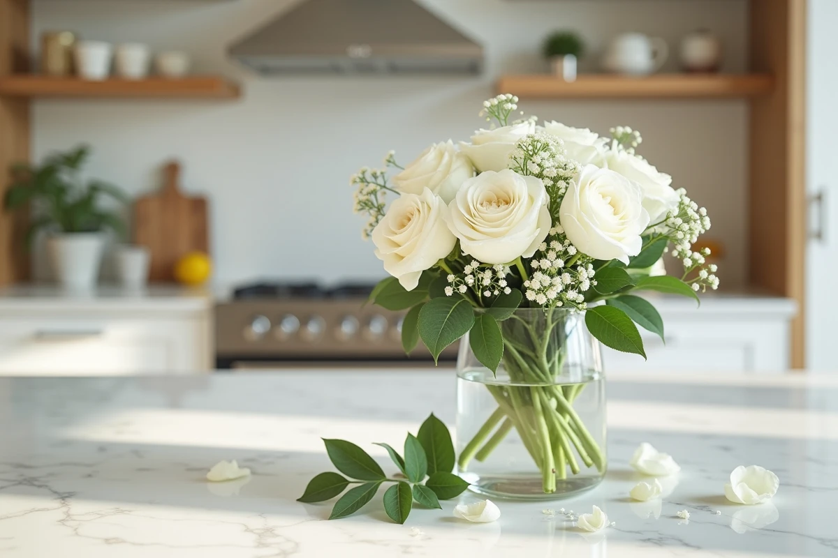Bouquet de fleurs blanches dans un vase en verre sur un comptoir en marbre, symbolisant pureté et célébration pour anniversaire ou naissance