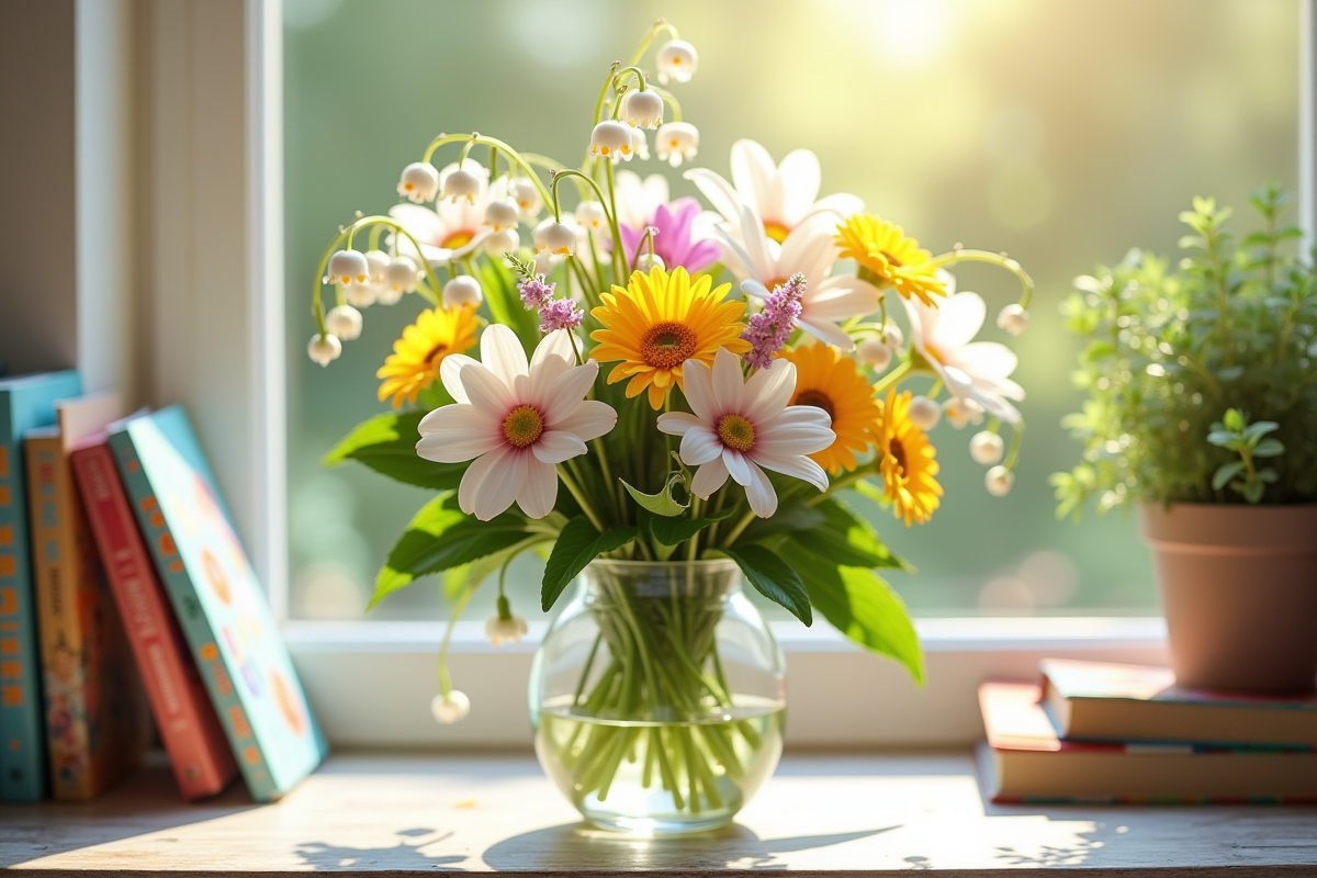 Bouquet de fleurs symboliques dans un vase sur une fenêtre ensoleillee