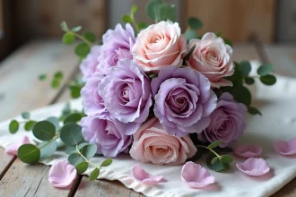 Bouquet chic de lisianthus violets et roses roses posé sur une table en bois rustique, avec des feuilles d'eucalyptus et des pétales épars