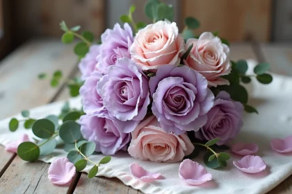 Bouquet chic de lisianthus violets et roses roses posé sur une table en bois rustique, avec des feuilles d'eucalyptus et des pétales épars