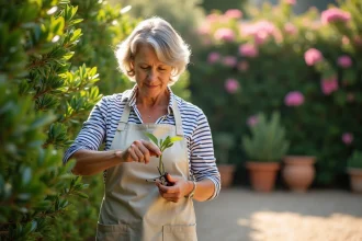Femme effectuant une bouture de laurier rose en coupant une tige sur une haie établie dans un jardin méditerranéen