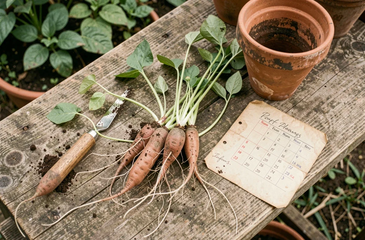 Boutures de patates douces avec racines sur une table de jardinage rustique et calendrier de plantation