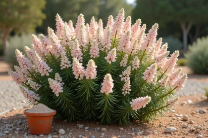 Arbuste Chamelaucium uncinatum en pleine floraison avec des fleurs roses et blanches cireuses dans un jardin naturel avec engrais au sol