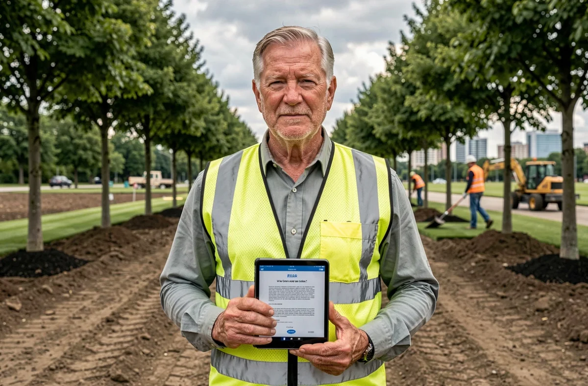 Chef paysagiste expérimenté consultant un contrat sur tablette lors d'un chantier d'aménagement paysager