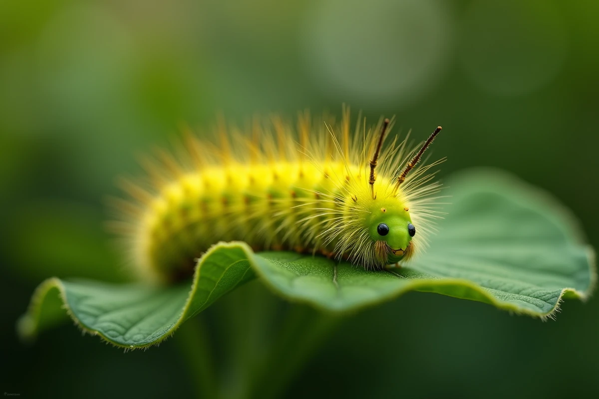 Chenille jaune et verte aux soies fines reposant sur une feuille verte dans un jardin naturel