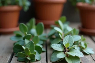 Comparaison de feuilles de Pittosporum kohuhu et tenuifolium côte à côte sur une surface en bois rustique de jardin
