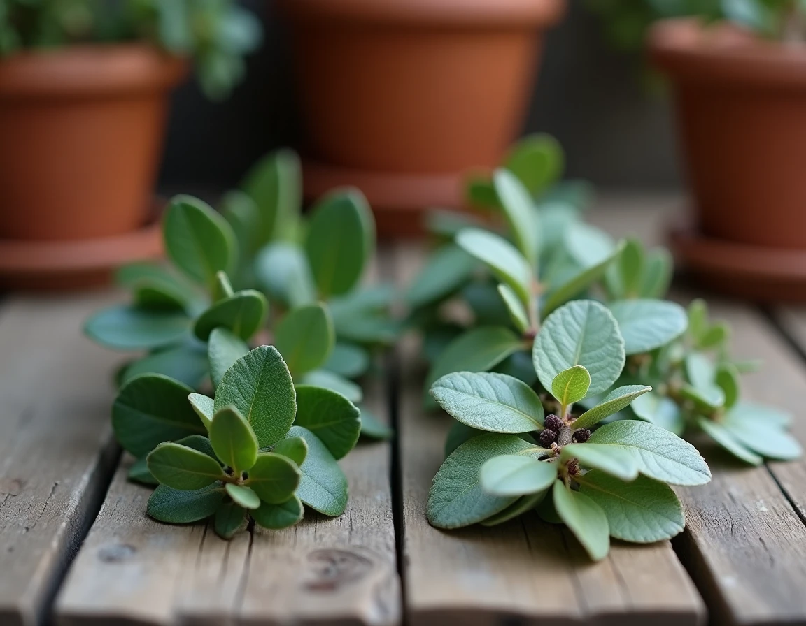 Comparaison de feuilles de Pittosporum kohuhu et tenuifolium côte à côte sur une surface en bois rustique de jardin