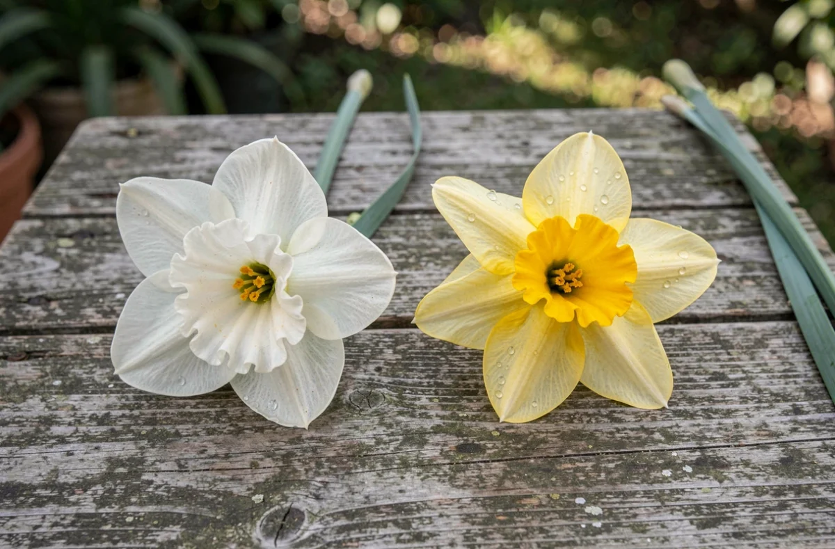 Comparaison côte à côte d'une fleur de narcisse et d'une jonquille posées sur une table en bois rustique, mettant en évidence leurs différences de forme et de corolle
