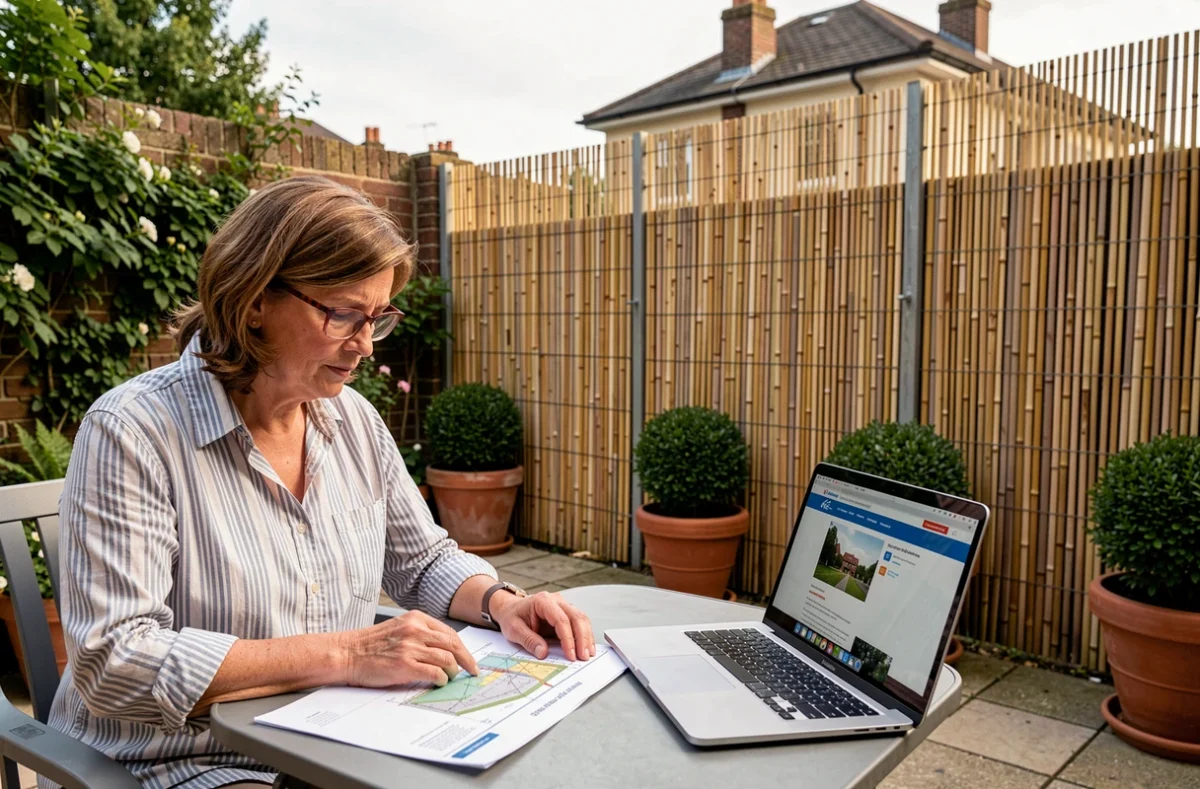 Femme consultant la réglementation locale pour l'installation d'un brise vue en bambou dans un jardin urbain