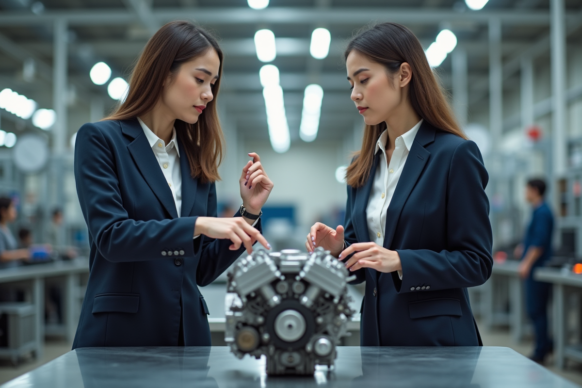 Jeunes ingenieures examinent un moteur en controle