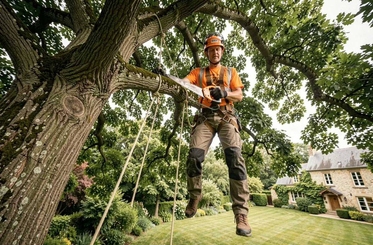 Cordiste élagueur suspendu dans un grand chêne en jardin privé, utilisant la technique de grimpe sur double corde pour réaliser un élagage en hauteur en toute sécurité