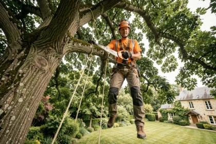 Cordiste élagueur suspendu dans un grand chêne en jardin privé, utilisant la technique de grimpe sur double corde pour réaliser un élagage en hauteur en toute sécurité