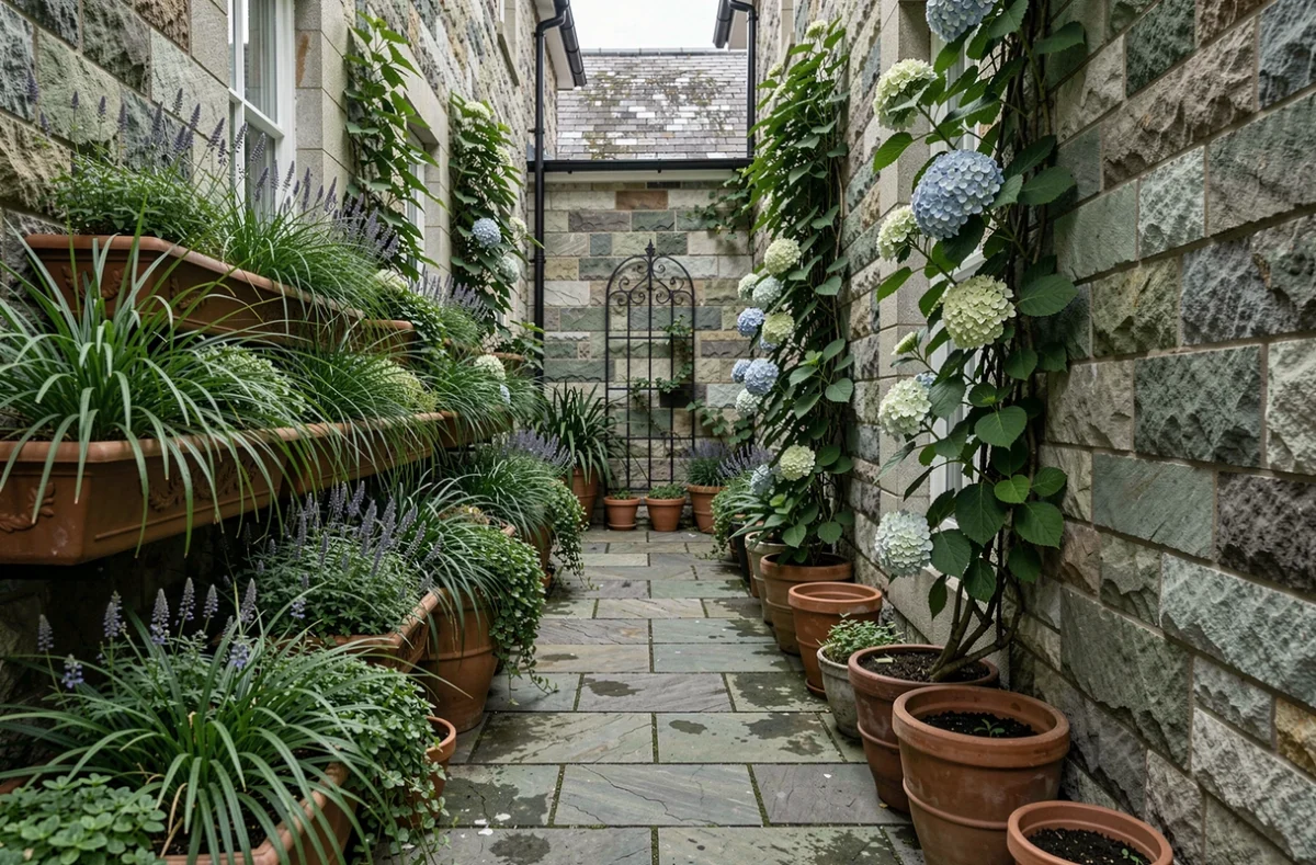 Passage étroit entre deux murs en pierre aménagé en couloir végétal ombragé avec plantes grimpantes et jardinières en terre cuite