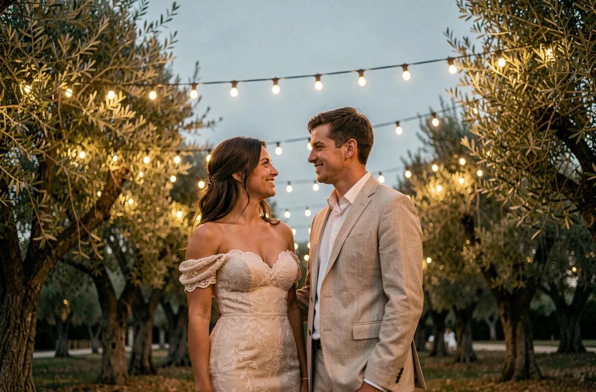 Couple de mariés sous une voûte de guirlandes lumineuses solaires entre des oliviers lors d'une réception en plein air