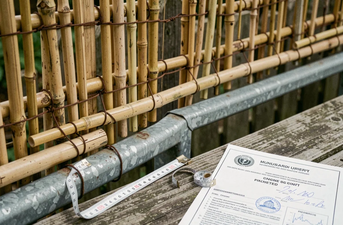 Détail d'un panneau brise vue en bambou avec document de réglementation et mètre ruban sur une table de jardin