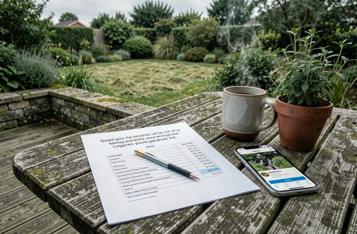 Devis imprimé pour l'entretien d'un grand jardin posé sur une table de patio avec smartphone et stylo