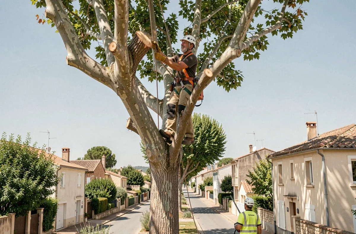 Arboriste ECOSYLVA PAYSAGE réalisant un élagage en hauteur dans un arbre près d'Alès