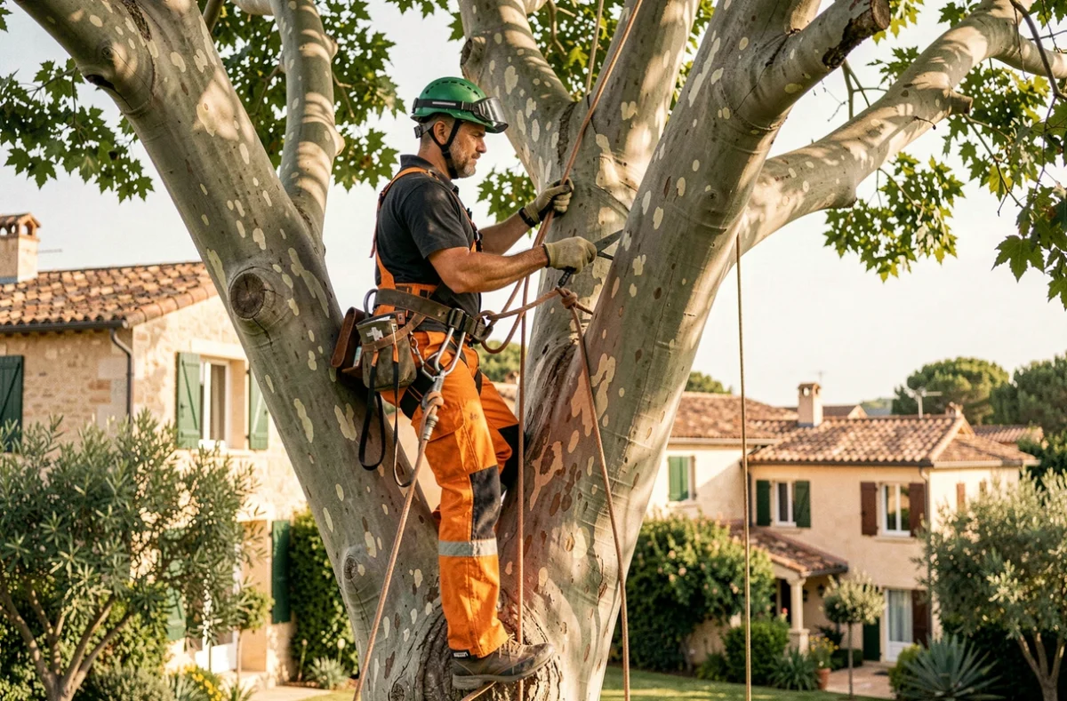 Élagueur professionnel en harnais de sécurité taillant un grand platane dans un jardin résidentiel à Béziers