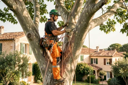 Élagueur professionnel en harnais de sécurité taillant un grand platane dans un jardin résidentiel à Béziers