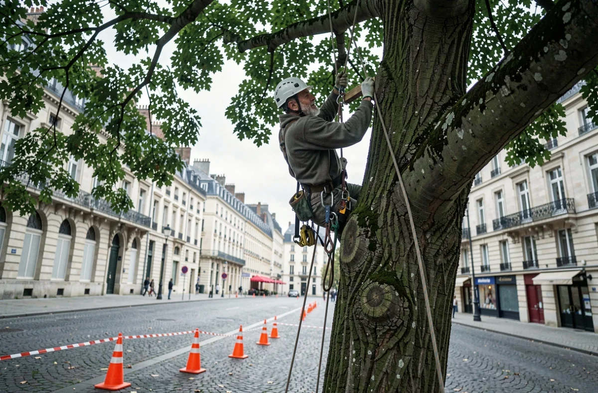 Élagueur suspendu dans un grand châtaignier lors d'une intervention d'élagage sur une place publique d'Orléans