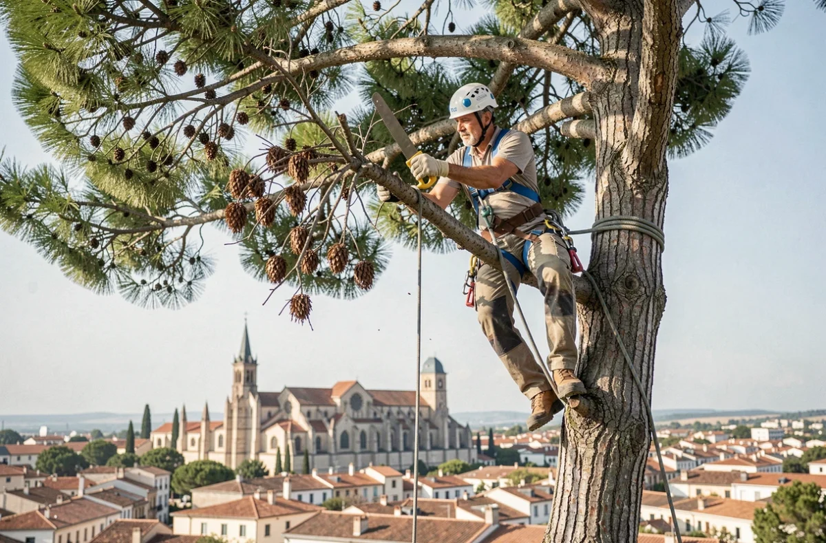 Élagueur en hauteur dans un pin méditerranéen avec vue sur la cathédrale et les toits de Béziers en arrière-plan