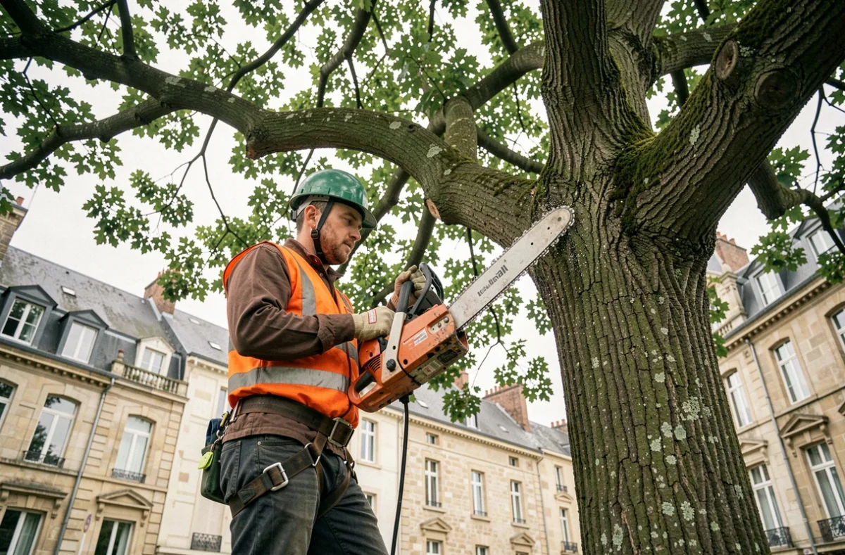 Élagueur professionnel en tenue de sécurité taillant un grand chêne dans un parc urbain d'Orléans