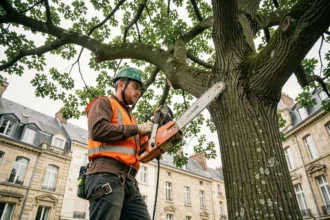 Élagueur professionnel en tenue de sécurité taillant un grand chêne dans un parc urbain d'Orléans