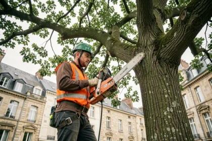Élagueur professionnel en tenue de sécurité taillant un grand chêne dans un parc urbain d'Orléans