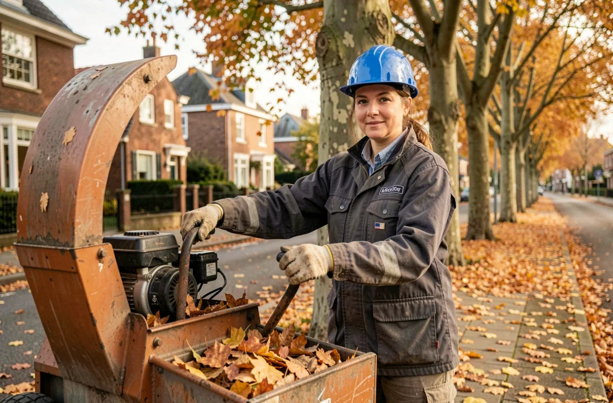 Élagueuse professionnelle utilisant un broyeur de branches dans une rue résidentielle d'Orléans en automne