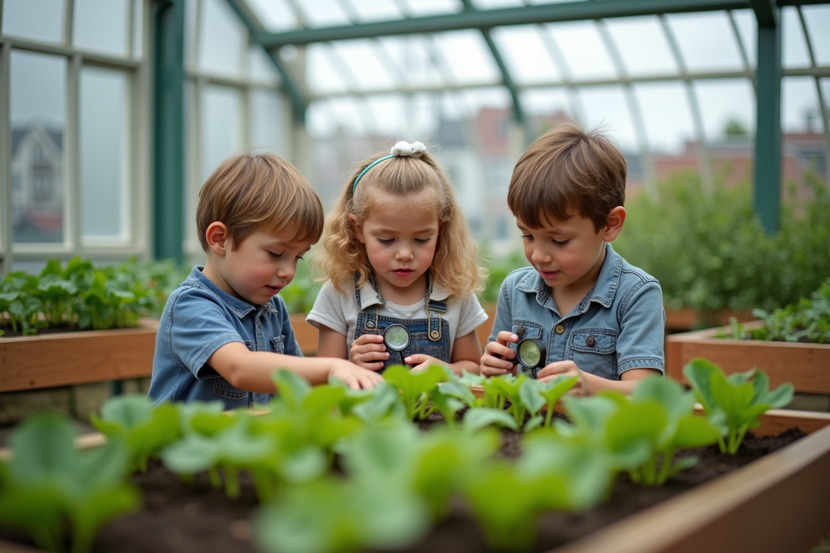 Enfants jouant avec des loupes dans un jardin communautaire