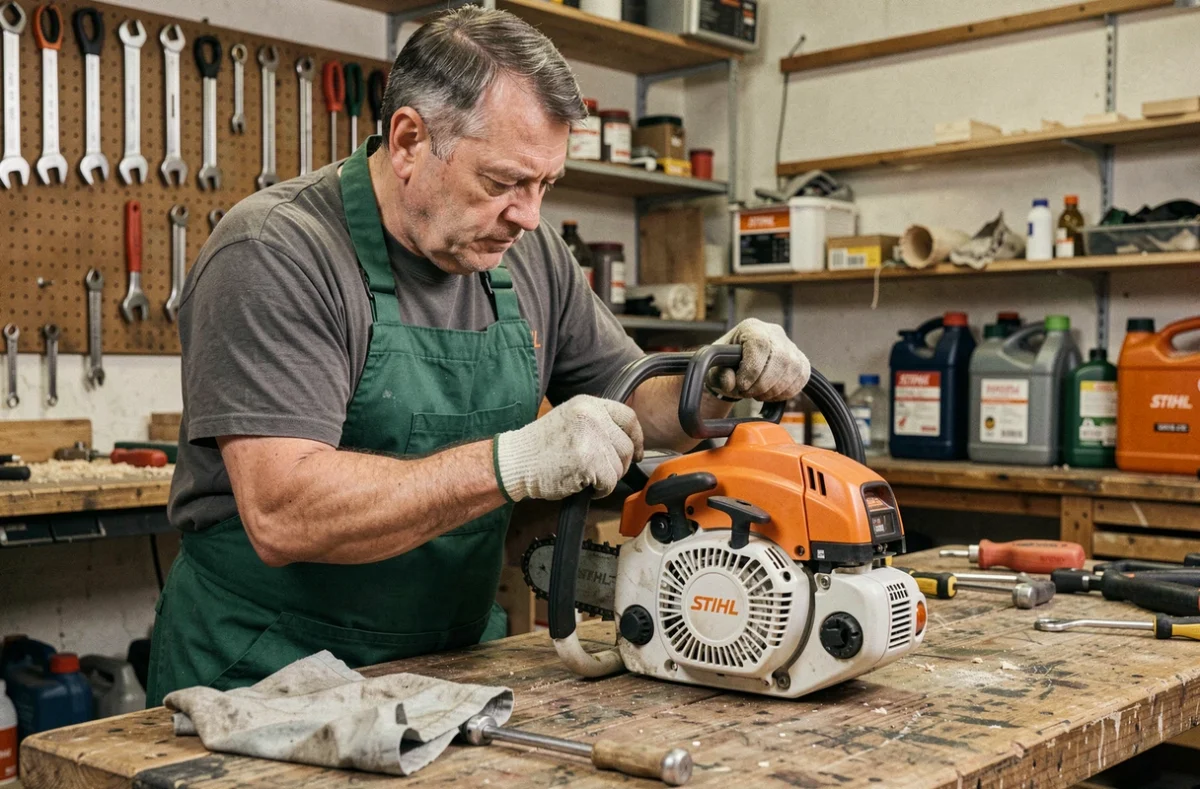 Technicien entretenant le filtre à air d'une tronçonneuse STIHL MS 211 sur un établi d'atelier