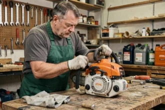 Technicien entretenant le filtre à air d'une tronçonneuse STIHL MS 211 sur un établi d'atelier