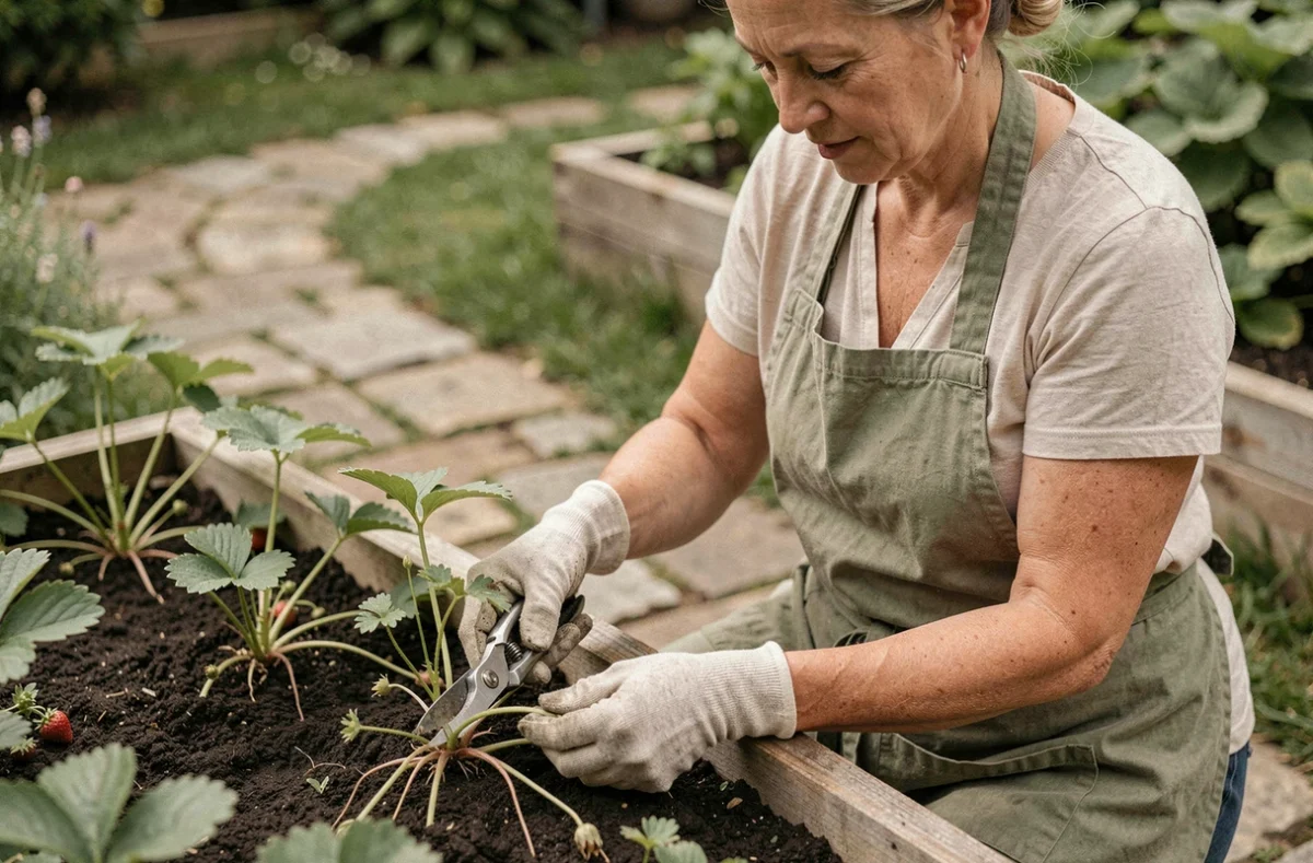 Femme jardant qui taille les stolons de fraisiers après la récolte dans un potager en été