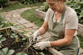 Femme jardant qui taille les stolons de fraisiers après la récolte dans un potager en été