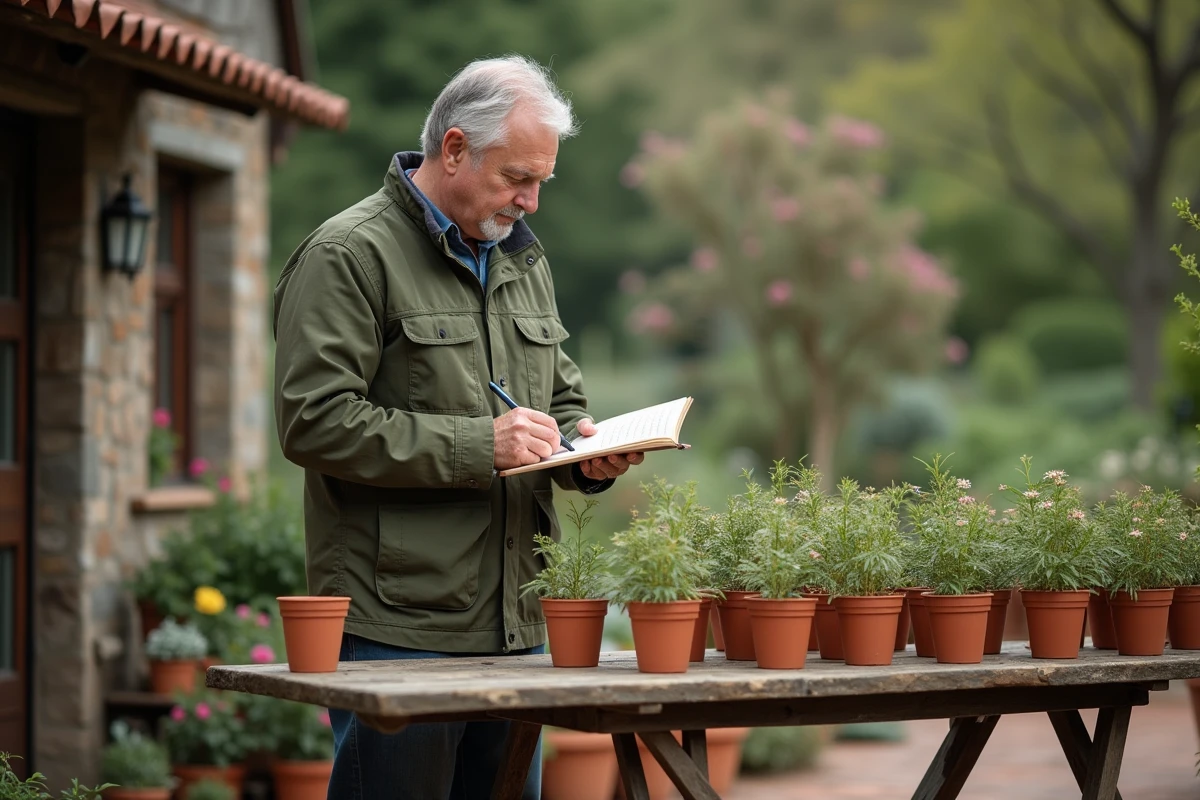 Jardinier consultant ses notes d'entretien devant des jeunes plants de rhododendrons et plantes compagnes en pots dans un espace de rempotage rustique