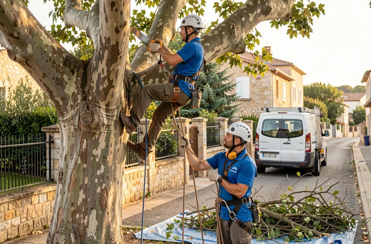 Équipe de deux cordistes élagueurs travaillant en binôme sur un platane en milieu résidentiel, avec un grimpeur en hauteur et un assistant au sol gérant les cordes